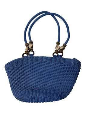 Vintage Navy Woven Shoulder Tote with Beaded Accent Handles